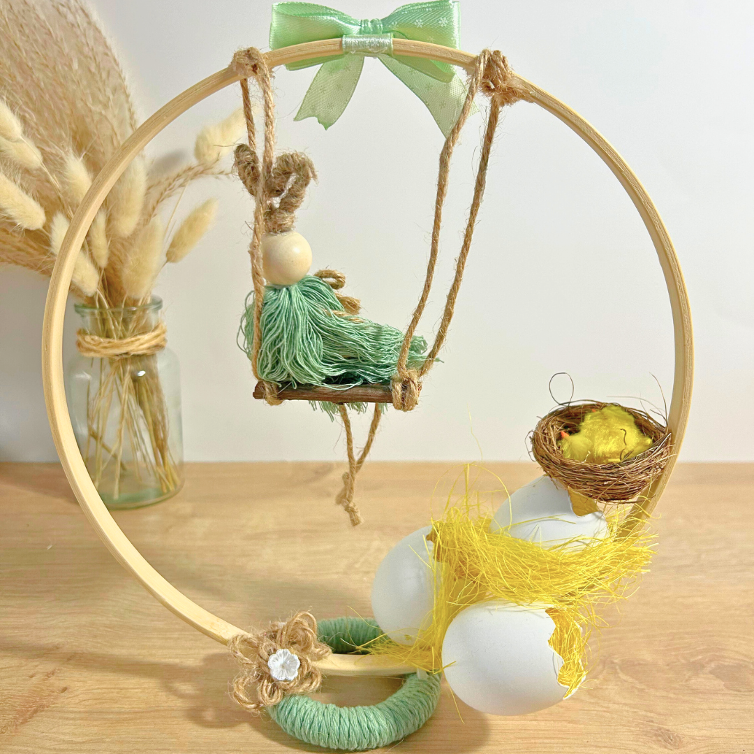 Centre de table de Pâques – lapin macramé sur balançoire & cercle en bois