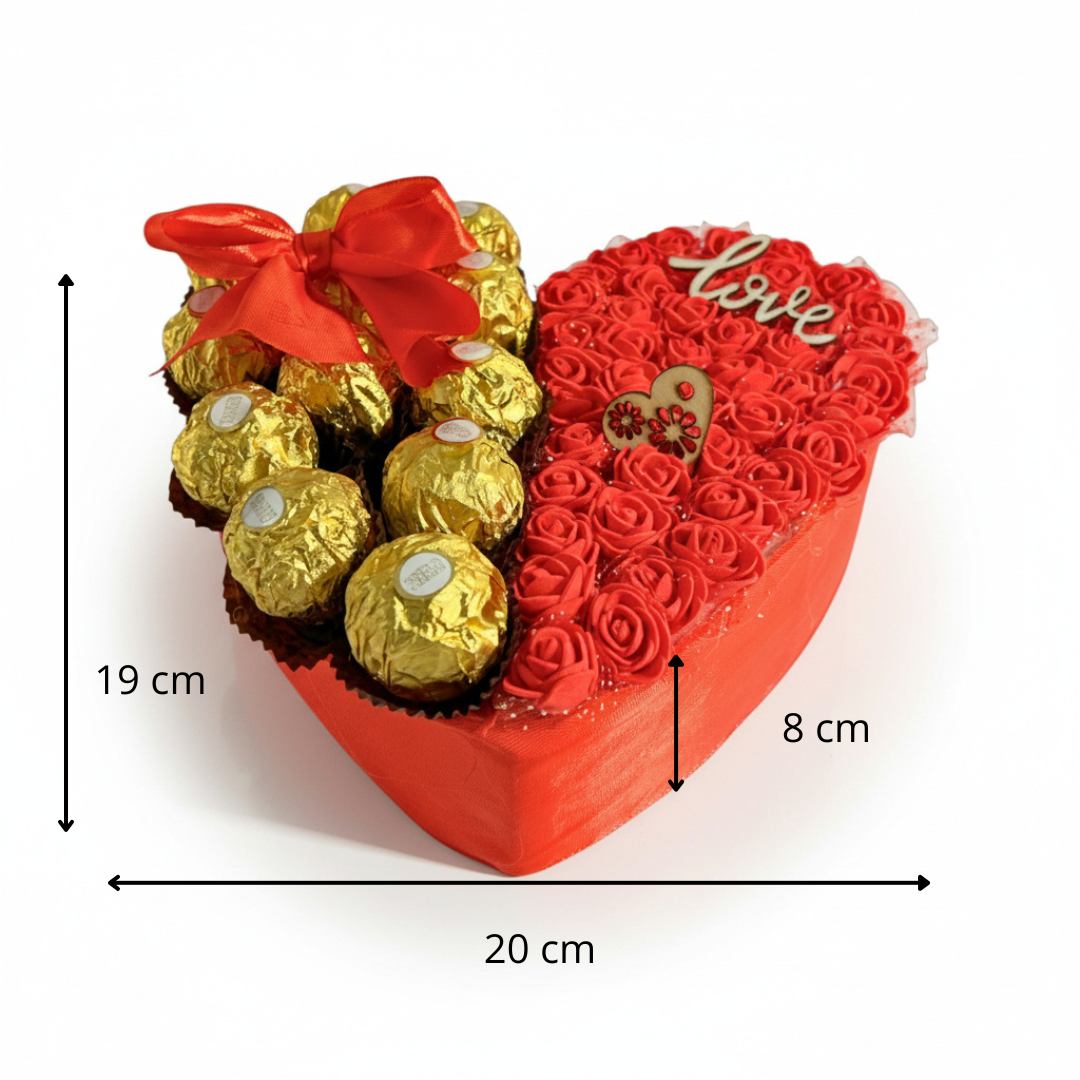 Cœur Gourmand & Fleuri – Roses Artificielles & Ferrero Rocher – Cadeau Romantique