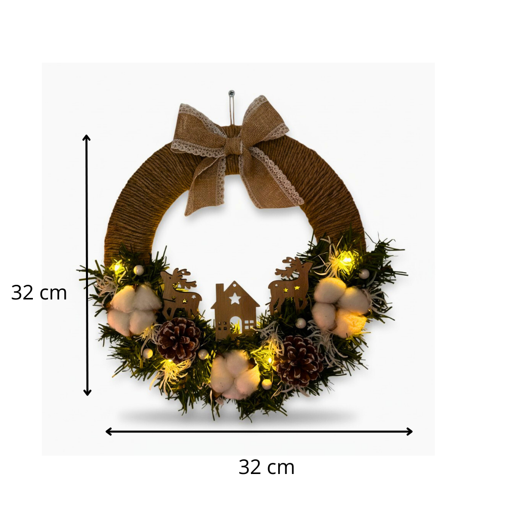 Couronne de Porte de Noël Blanche & Lumineuse – Création Artisanale en Bois, Jute & Fleurs Blanches