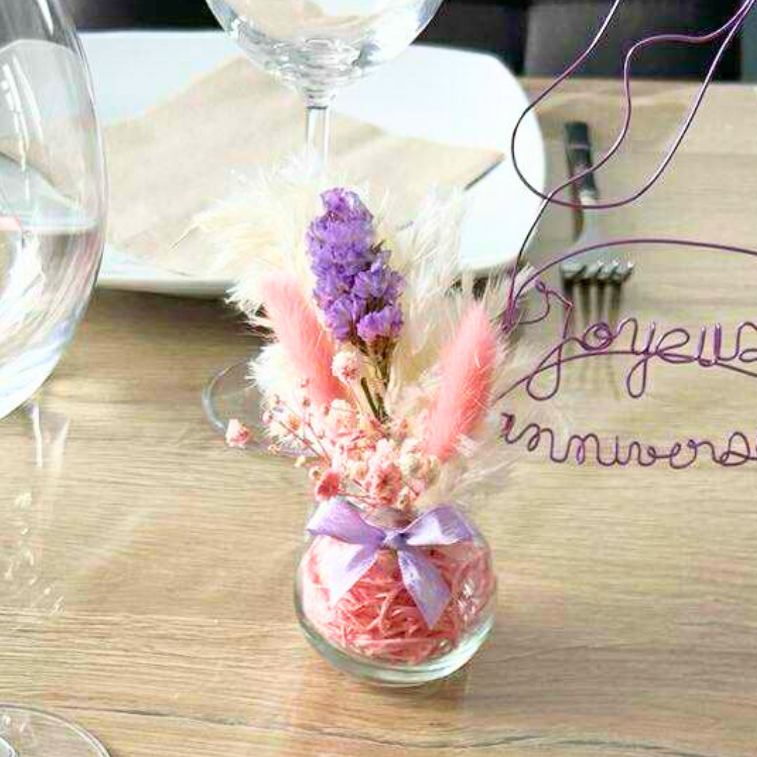 Vase fleurs séchées & rose fil de fer personnalisée - Cadeau annonce parrain & marraine