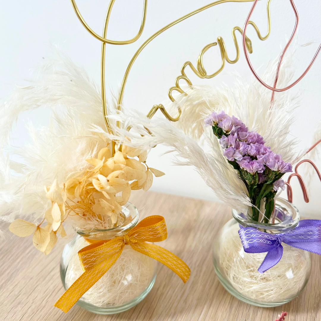 Vase fleurs séchées & rose fil de fer - Cadeau Saint-Valentin personnalisé