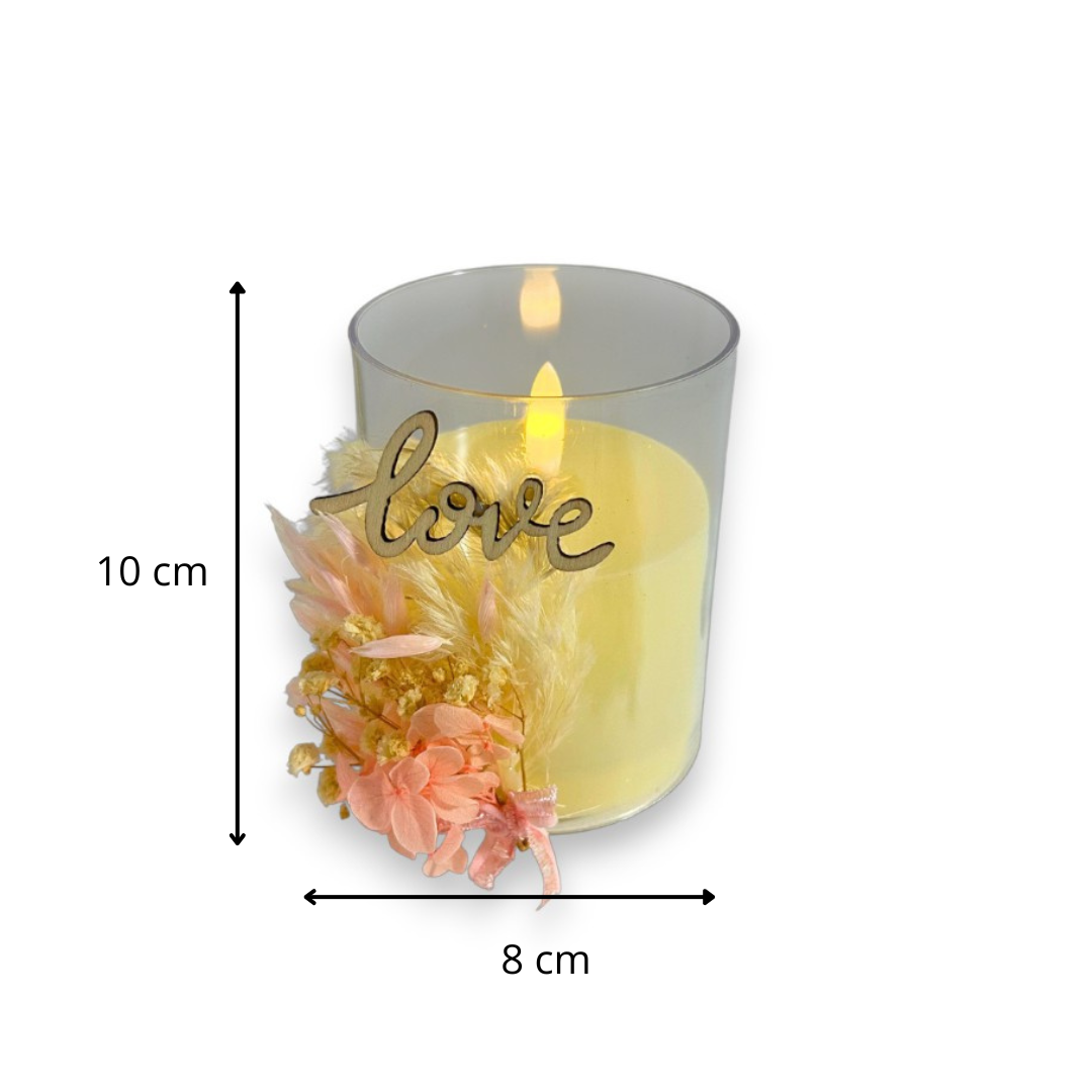 Fausse Bougie Décorative Saint-Valentin – Fleurs Séchées & Love en Bois