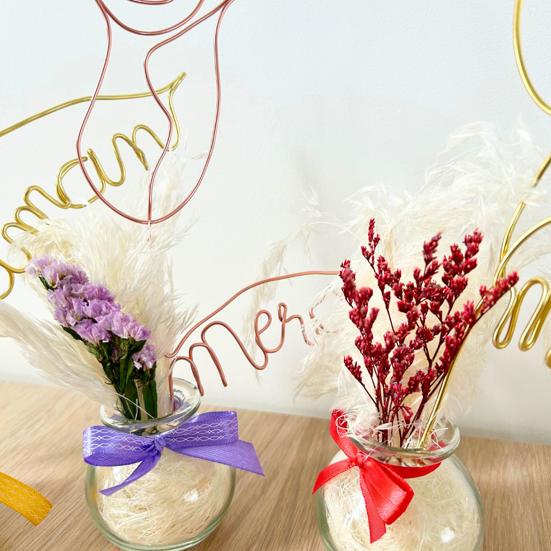 Vase fleurs séchées & rose fil de fer - Cadeau Saint-Valentin personnalisé