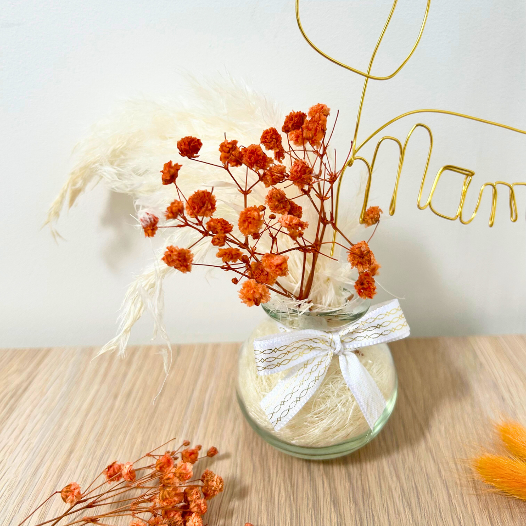 Vase fleurs séchées & rose fil de fer personnalisée - Cadeau annonce parrain & marraine