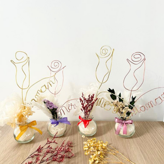 Vase fleurs séchées & rose fil de fer personnalisée - Cadeau annonce parrain & marraine