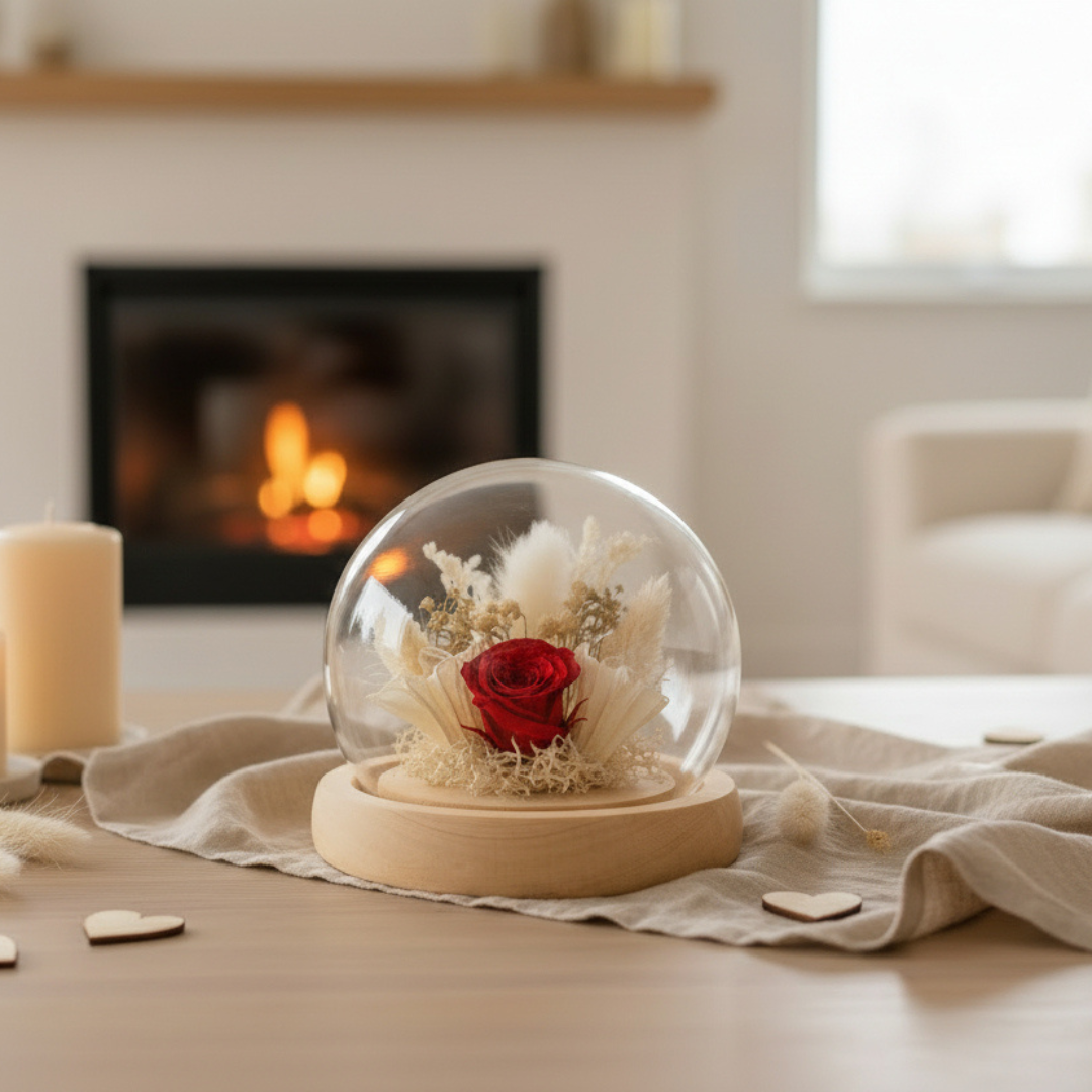 Composition Florale Sous Cloche Sphère – Rose Éternelle & Fleurs Séchées – Spéciale Saint-Valentin