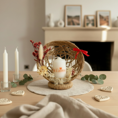 Composition florale personnalisée avec bougie – Cadeau Saint-Valentin romantique