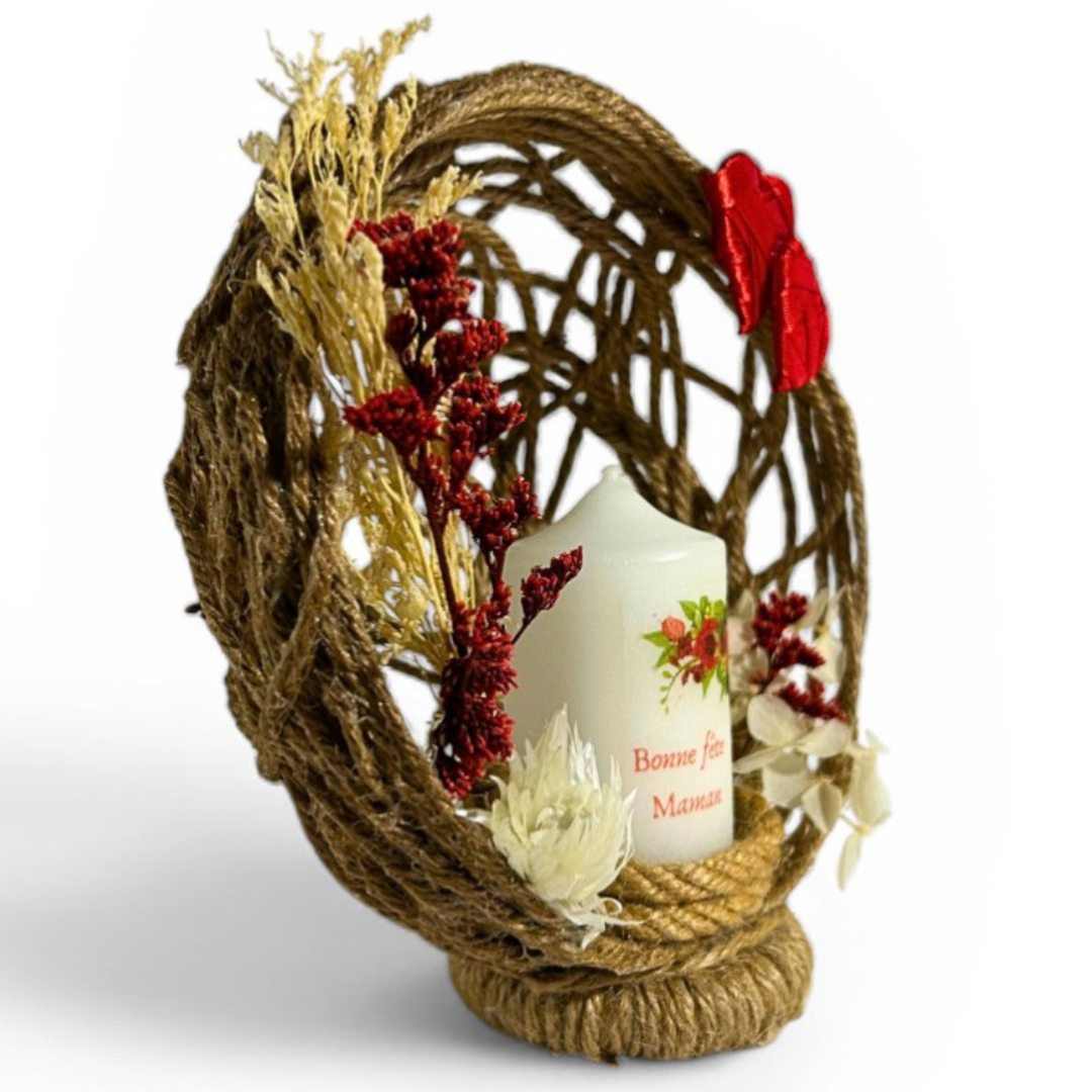 Composition Florale avec Bougie - Centre de table de Baptême Personnalisée