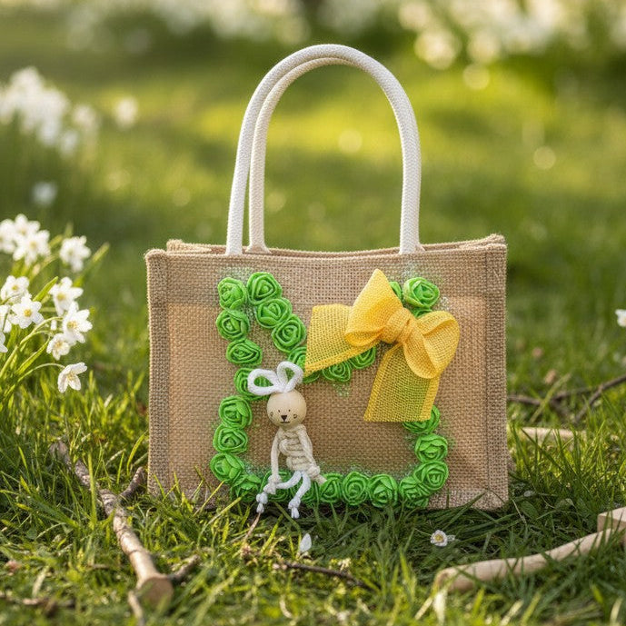 Sac de Pâques personnalisé en jute – lapin macramé & fleurs