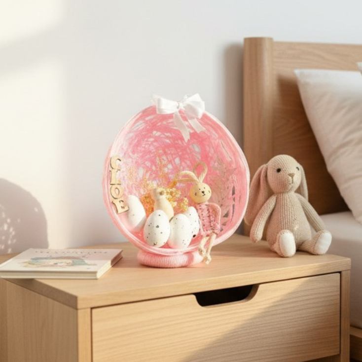 Œuf de Pâques personnalisé – décoration lapin macramé & fleurs séchées