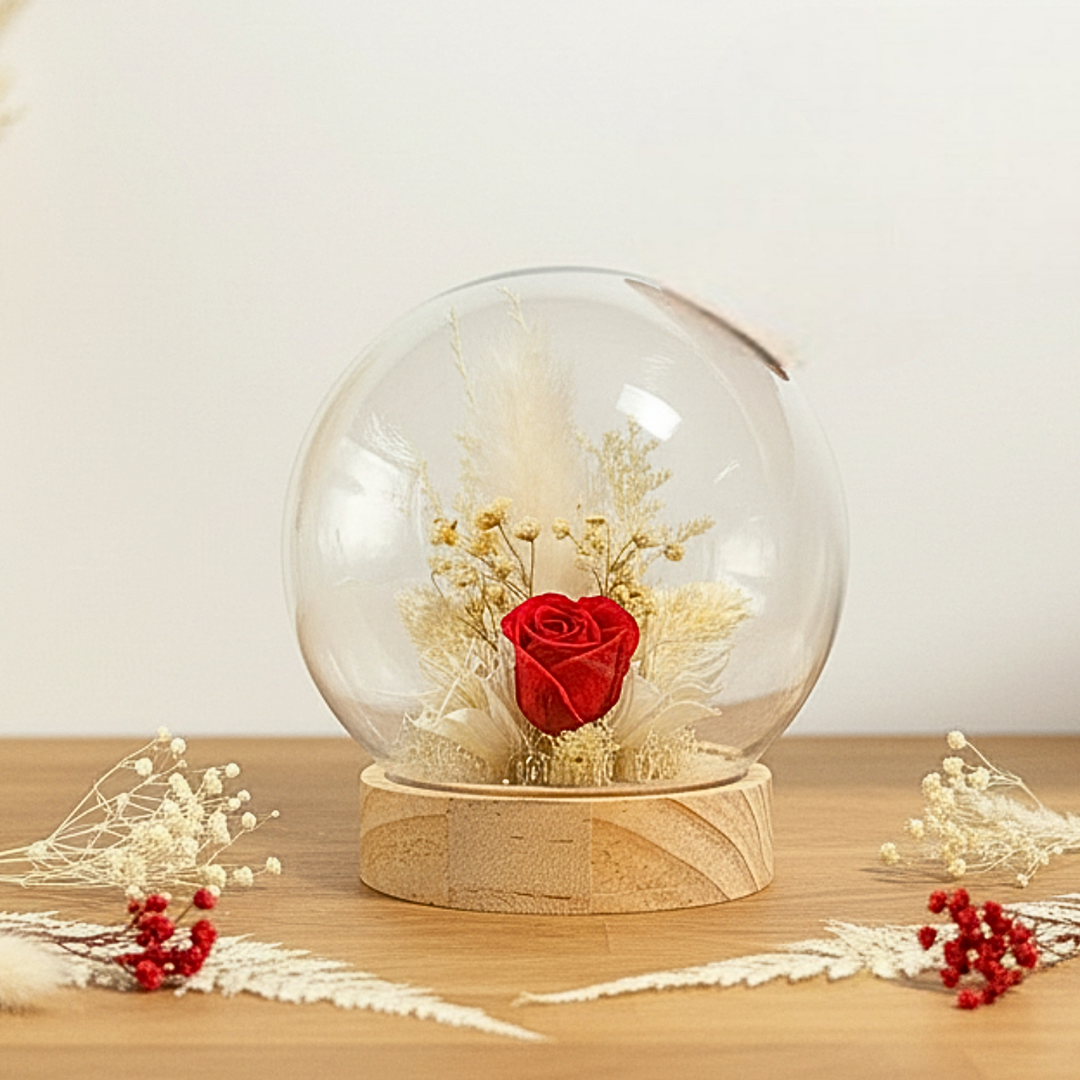 Composition Florale Sous Cloche Sphère – Rose Éternelle & Fleurs Séchées – Spéciale Saint-Valentin