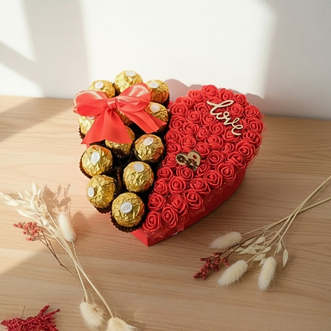 Cœur Gourmand & Fleuri – Roses Artificielles & Ferrero Rocher – Cadeau Romantique