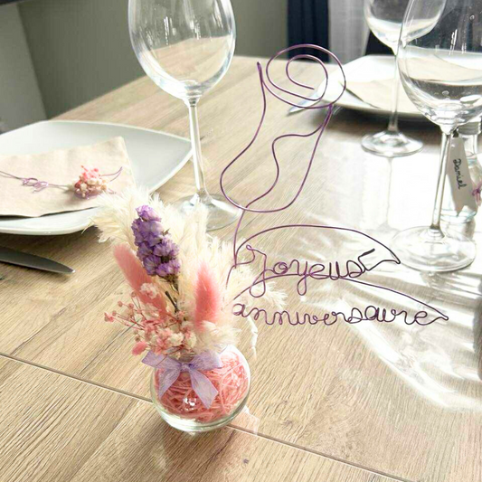 Vase fleurs séchées & rose fil de fer - Centre de table anniversaire personnalisé