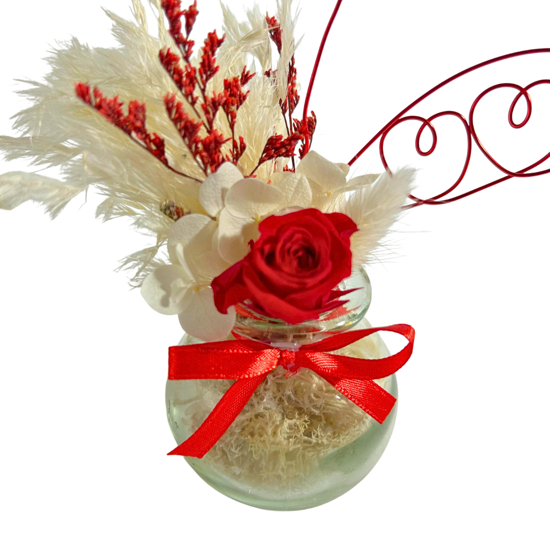 Vase Fleuri Personnalisé – Fleurs Séchées, Rose Éternelle & Fleur en Fil d’Aluminium