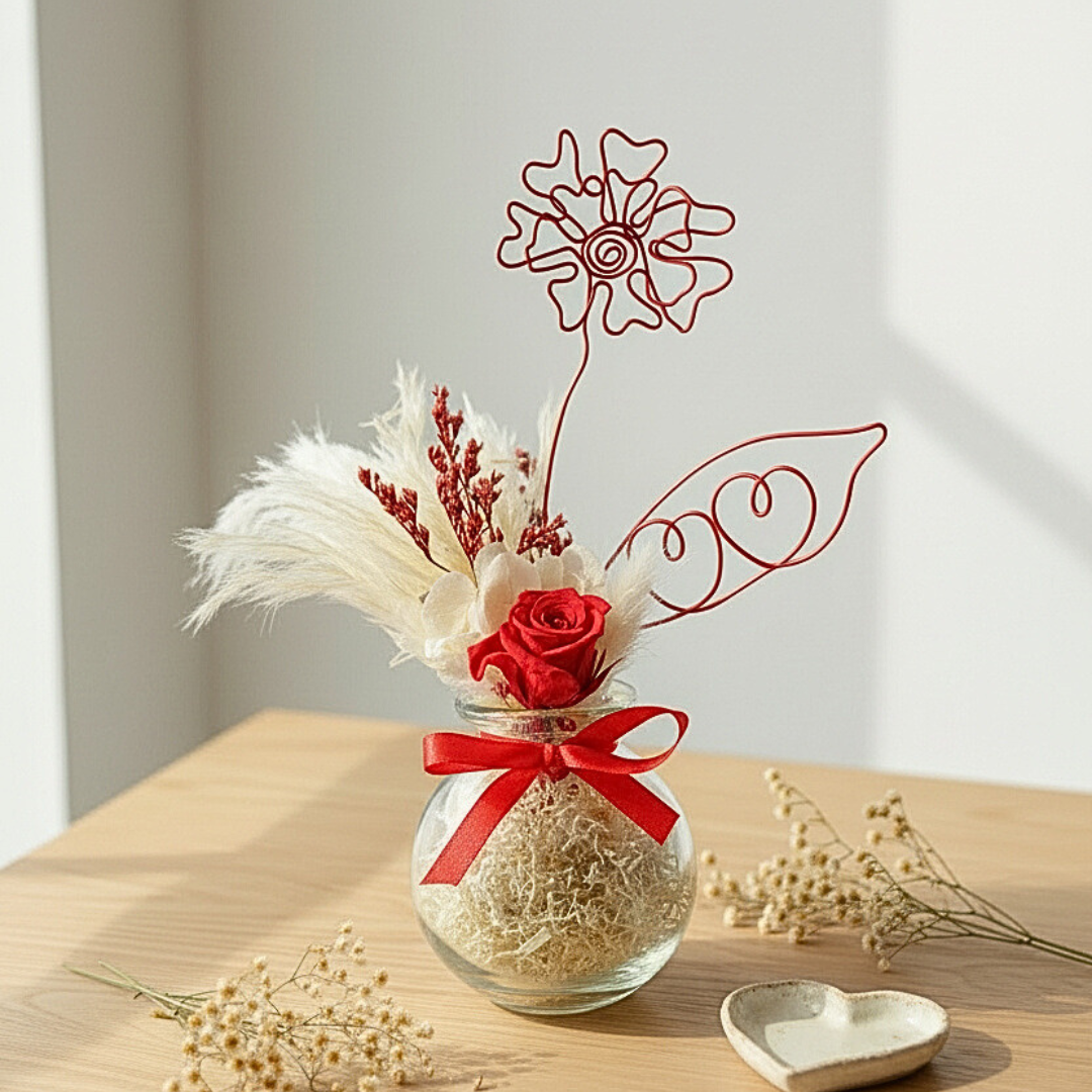 Vase Fleuri Personnalisé – Fleurs Séchées, Rose Éternelle & Fleur en Fil d’Aluminium