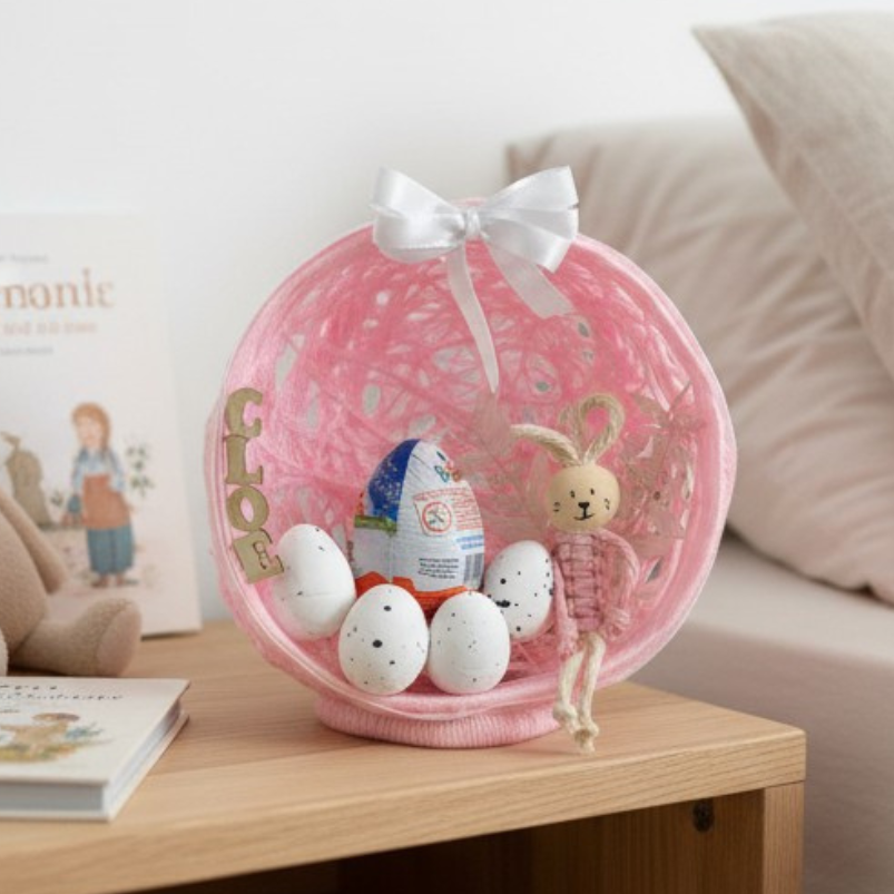 Œuf de Pâques personnalisé – lapin macramé & œuf Kinder