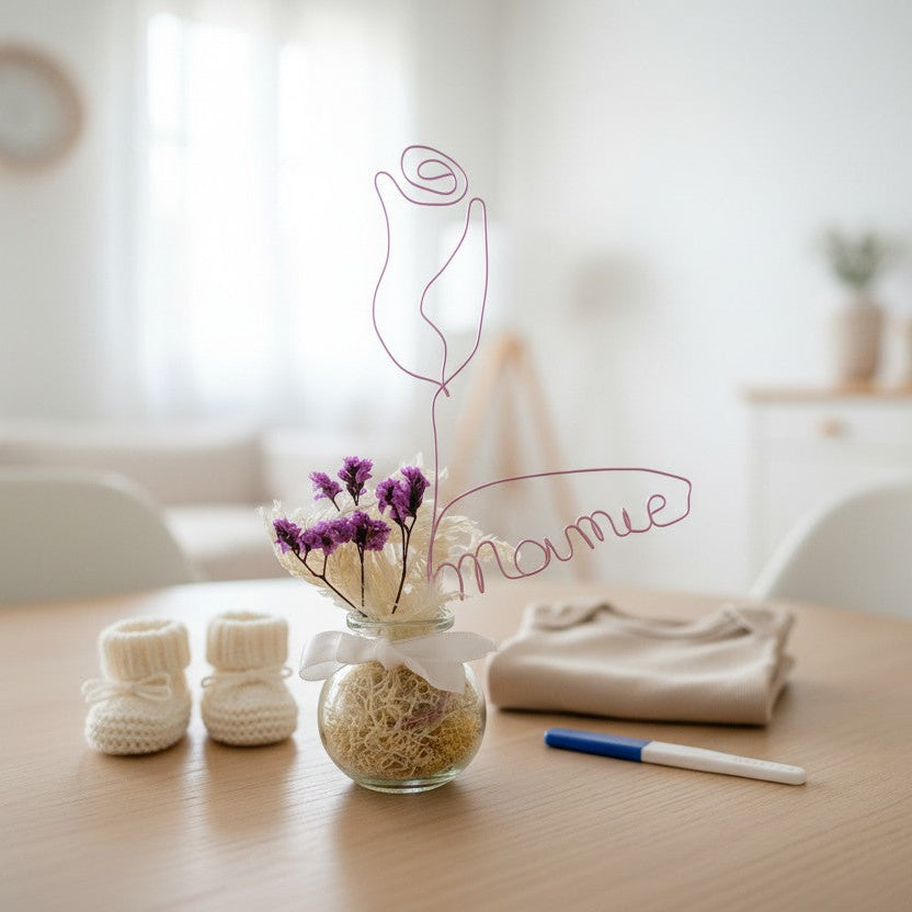 Annonce grossesse originale – bouquet fleurs séchées personnalisé avec message
