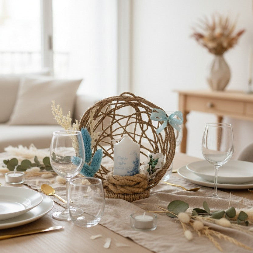 Centre de table baptême personnalisé avec bougie – décoration douce et fait main