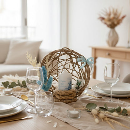 Centre de table baptême personnalisé avec bougie – décoration douce et fait main