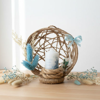 Centre de table baptême personnalisé avec bougie – décoration douce et fait main