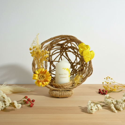 Composition Florale avec Bougie Gravée - Cadeau Parrain & Marraine Personnalisé