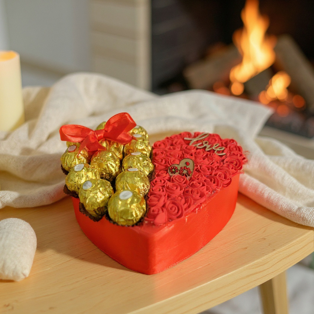 Coffret Cadeau “Je t’aime” – Cœur Ferrero, Composition Florale & Duo Porte-Clé + Marque-Page