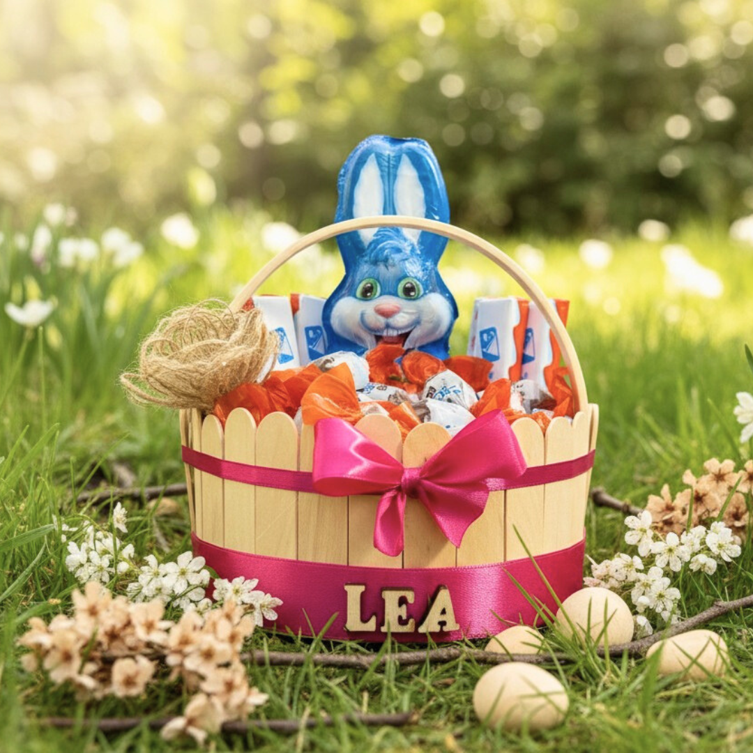 Panier de Pâques garni – chocolats & lapin personnalisable