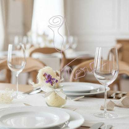 Cadeau invité mariage personnalisé – bouquet fleurs séchées avec prénom en fil aluminium