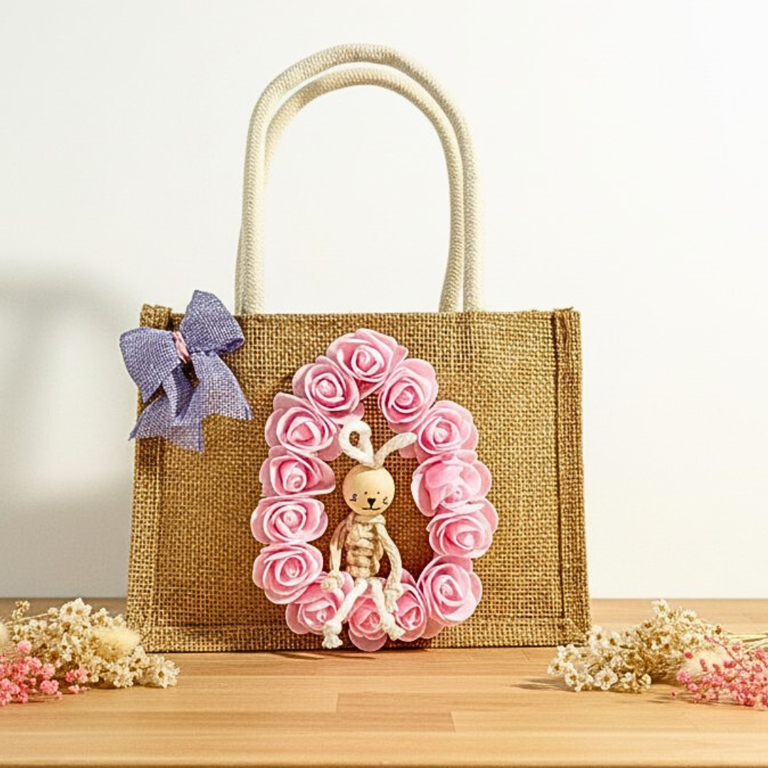 Sac de Pâques personnalisé en jute – lapin macramé & fleurs
