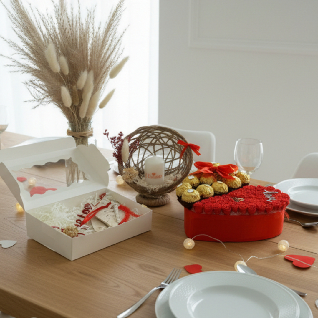 Coffret Cadeau “Je t’aime” – Cœur Ferrero, Composition Florale & Duo Porte-Clé + Marque-Page