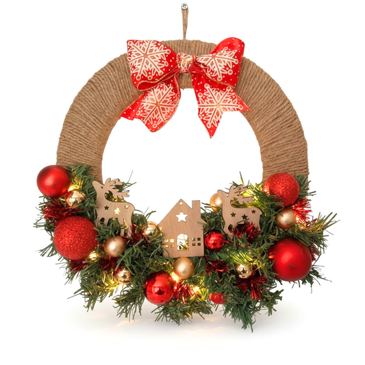 Couronne de Porte de Noël Lumineuse – Création Artisanale en Bois & Jute