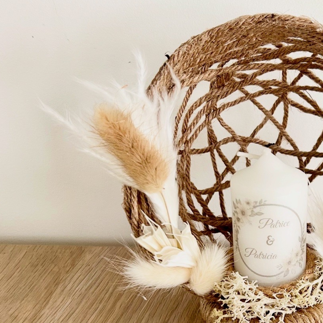 Centre de table mariage personnalisé avec bougie – décoration élégante et fait main
