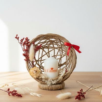 Composition florale personnalisée avec bougie – Cadeau Saint-Valentin romantique