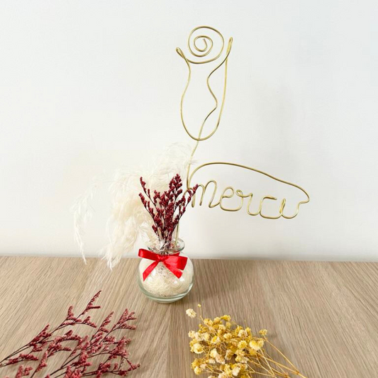 Vase fleurs séchées & rose fil de fer - Cadeau personnalisé parrain & marraine