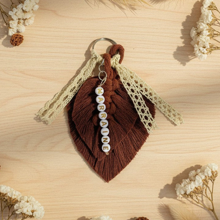 Porte-clés personnalisé macramé avec prénom – Annonce parrain marraine originale