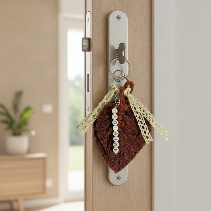 Porte-clés personnalisé macramé avec prénom – Annonce parrain marraine originale