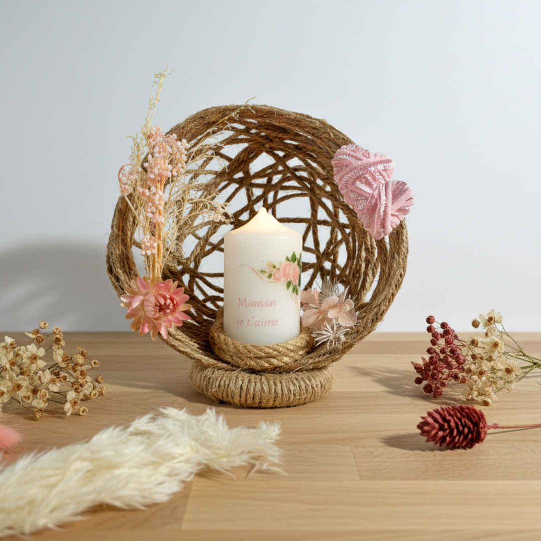 Composition Florale avec Bougie - Centre de table de Baptême Personnalisée