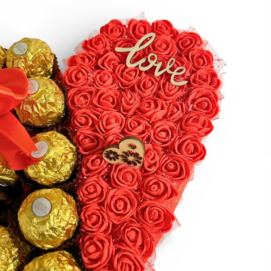Cœur Gourmand & Fleuri – Roses Artificielles & Ferrero Rocher – Cadeau Romantique