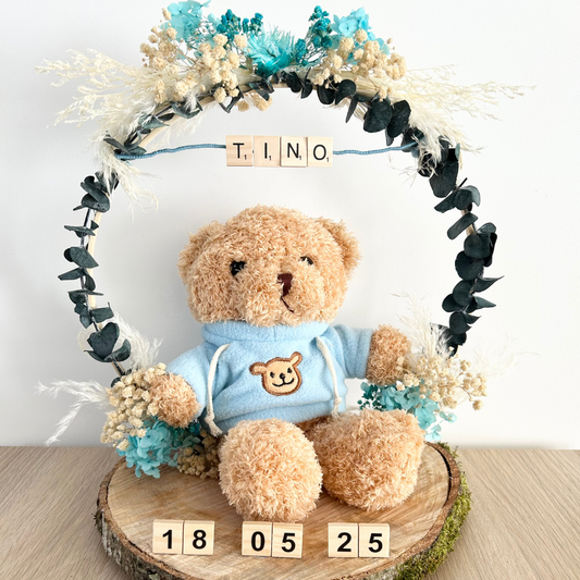 Centre de table en bois avec ourson et fleurs séchées personnalisables – Idéal pour baptême & anniversaire