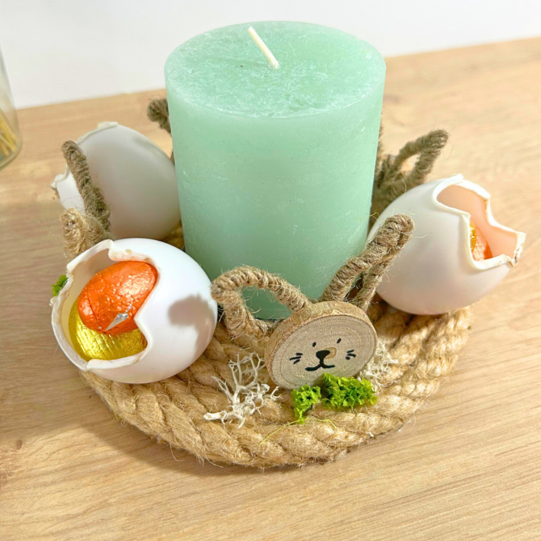 Centre de table de Pâques – bougie & lapins en bois