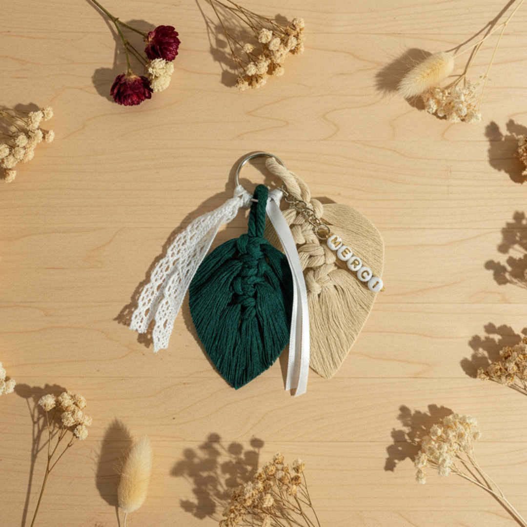 Porte-Clé Macramé Personnalisé – Cadeau Invités de Mariage Bohème & Élégant