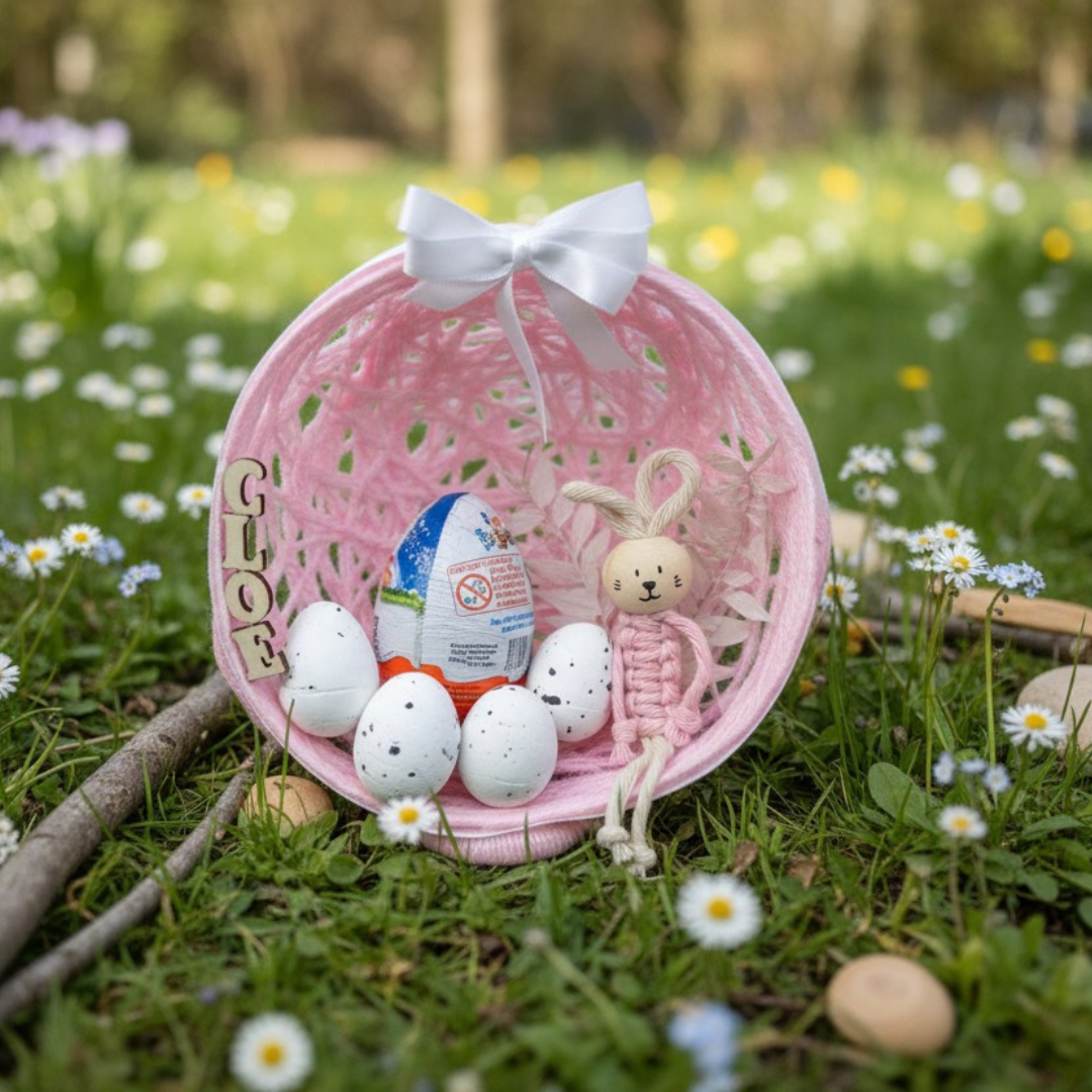 Œuf de Pâques personnalisé – lapin macramé & œuf Kinder