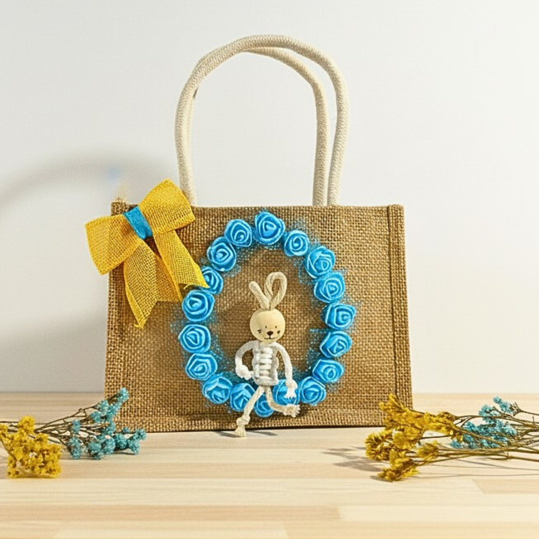 Sac de Pâques personnalisé en jute – lapin macramé & fleurs