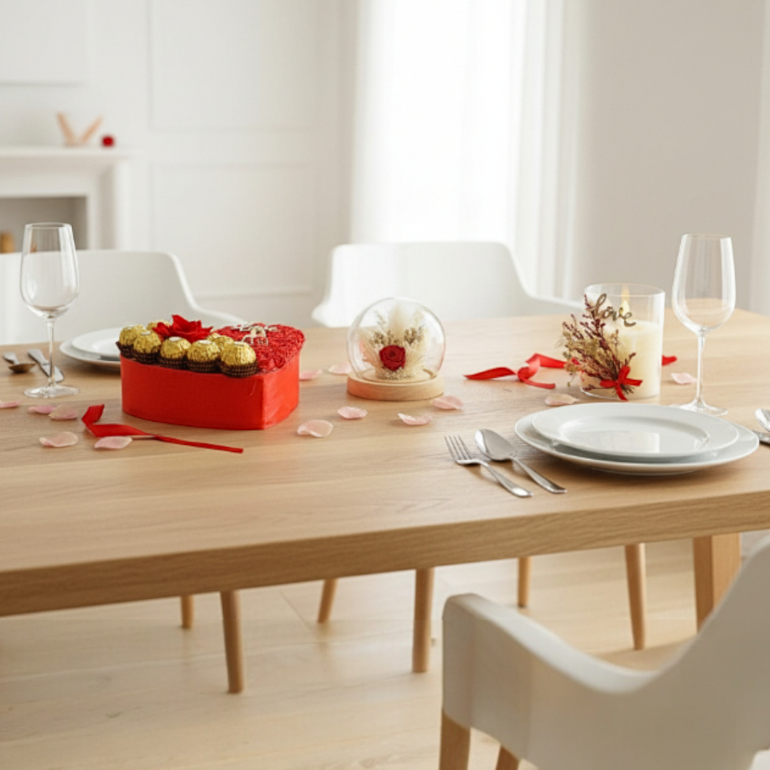 Coffret Cadeau Romantique – Cœur Ferrero, Bougie Artificielle & Composition sous Cloche