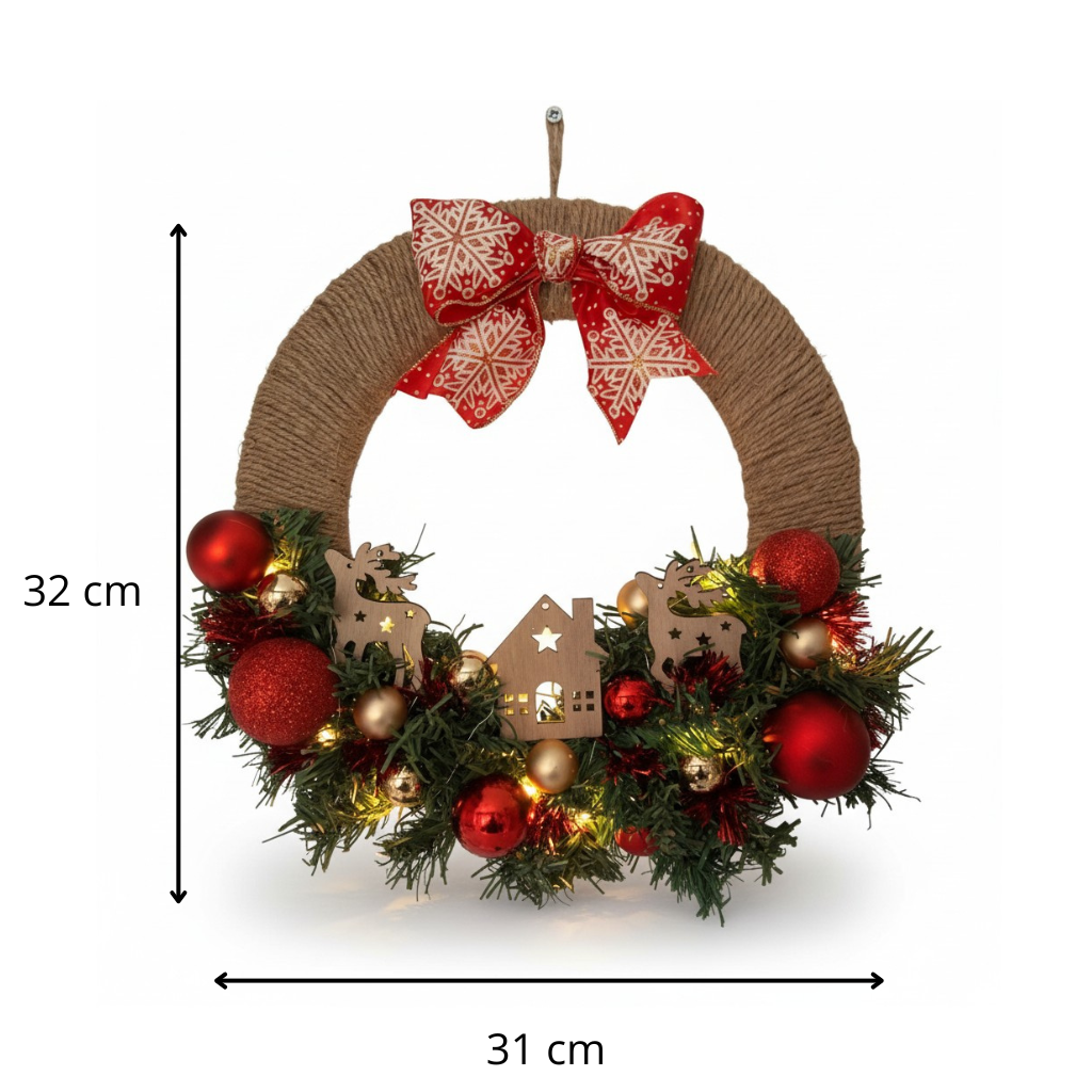 Couronne de Porte de Noël Lumineuse – Création Artisanale en Bois & Jute