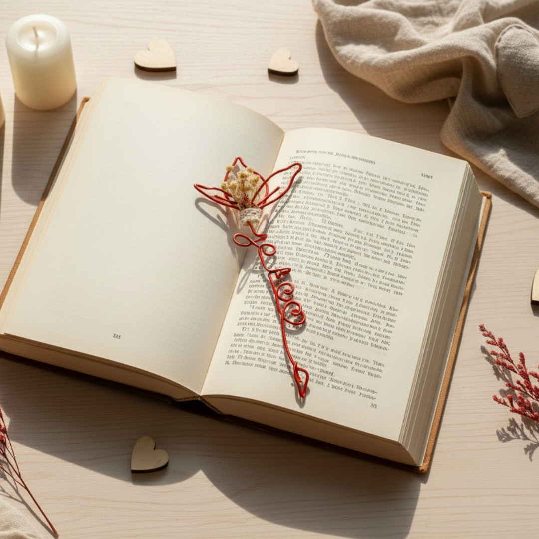 Coffret Cadeau “Je t’aime” – Porte-Clé en Macramé &amp; Marque-Page Fleuri