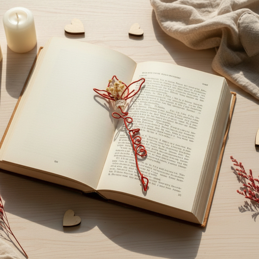 Marque-Page Personnalisé – Fleurs Séchées & Fil Métal – Cadeau Saint-Valentin Unique