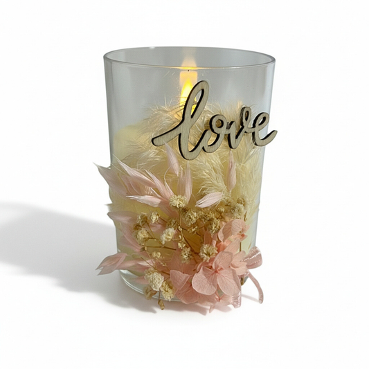 Fausse Bougie Décorative Saint-Valentin – Fleurs Séchées & Love en Bois