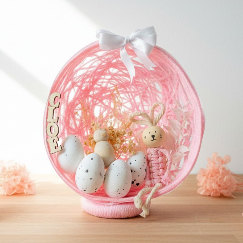Œuf de Pâques personnalisé – décoration lapin macramé & fleurs séchées