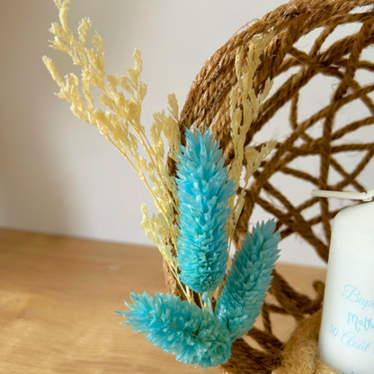 Centre de table baptême personnalisé avec bougie – décoration douce et fait main